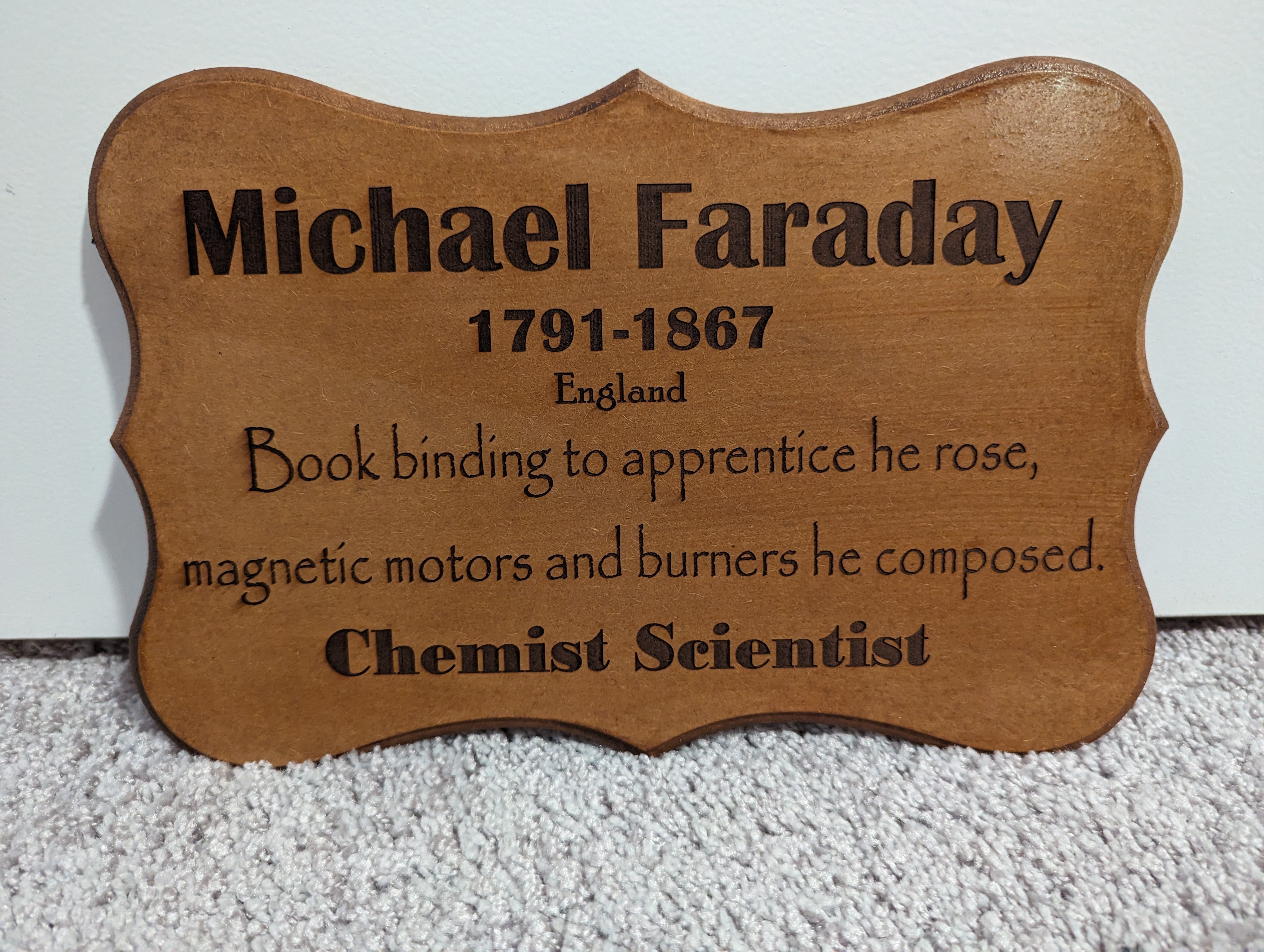 Michael Faraday engraving plaque