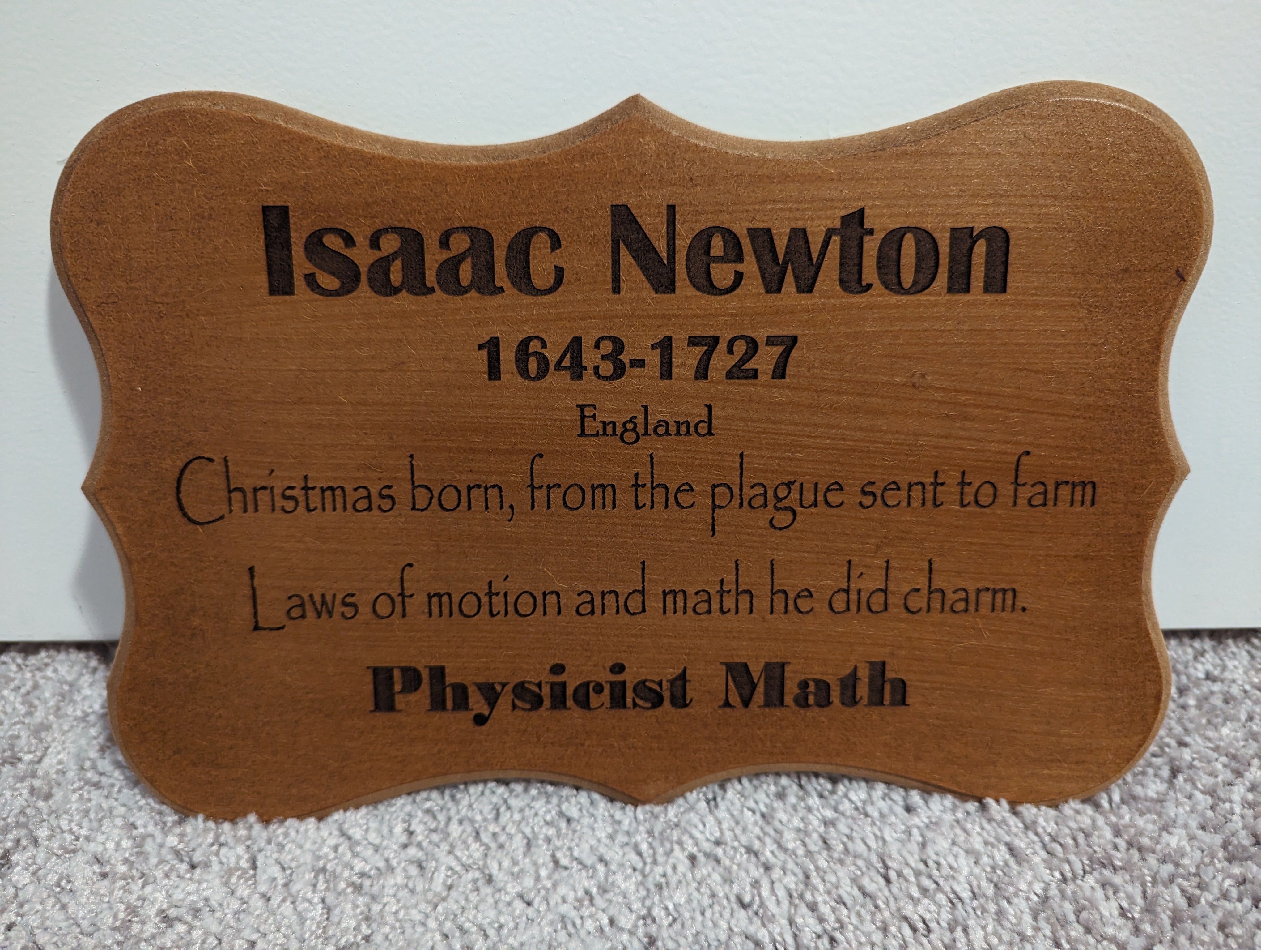 Isaac Newton engraving plaque